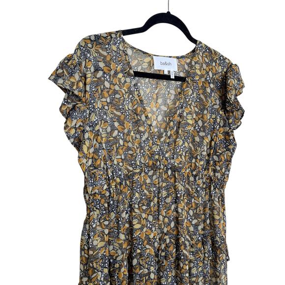 NEW BA&SH Samanta Maxi Dress Womens Large Black Floral Ruffled Georgette Carbone - Picture 3 of 7